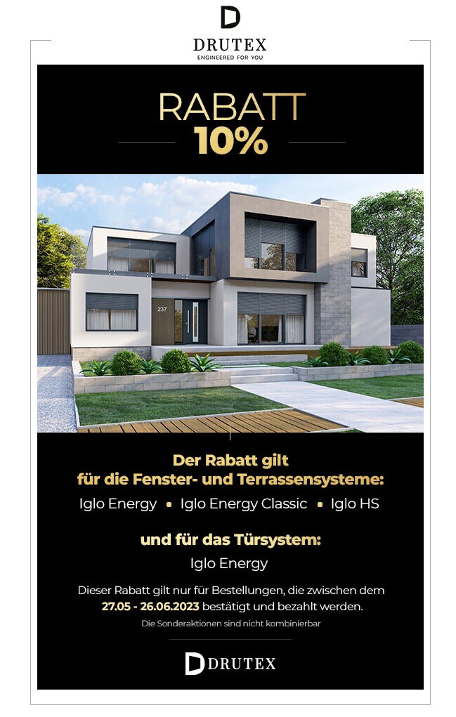 Modern two-story house facade with garden; Drutex 10% discount promotion.