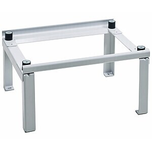 Silver metal table base frame with four legs and crossbars, without tabletop.