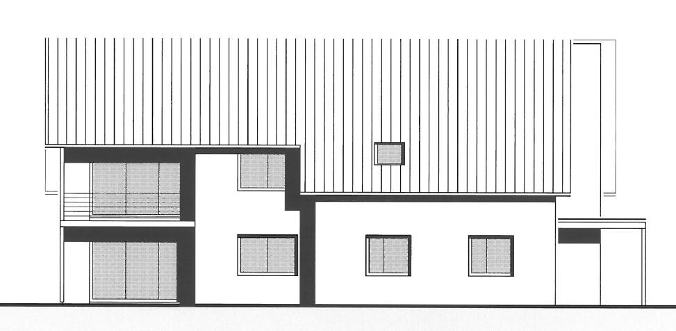 Architectural drawing of an exterior view of a single-family house with roof windows
