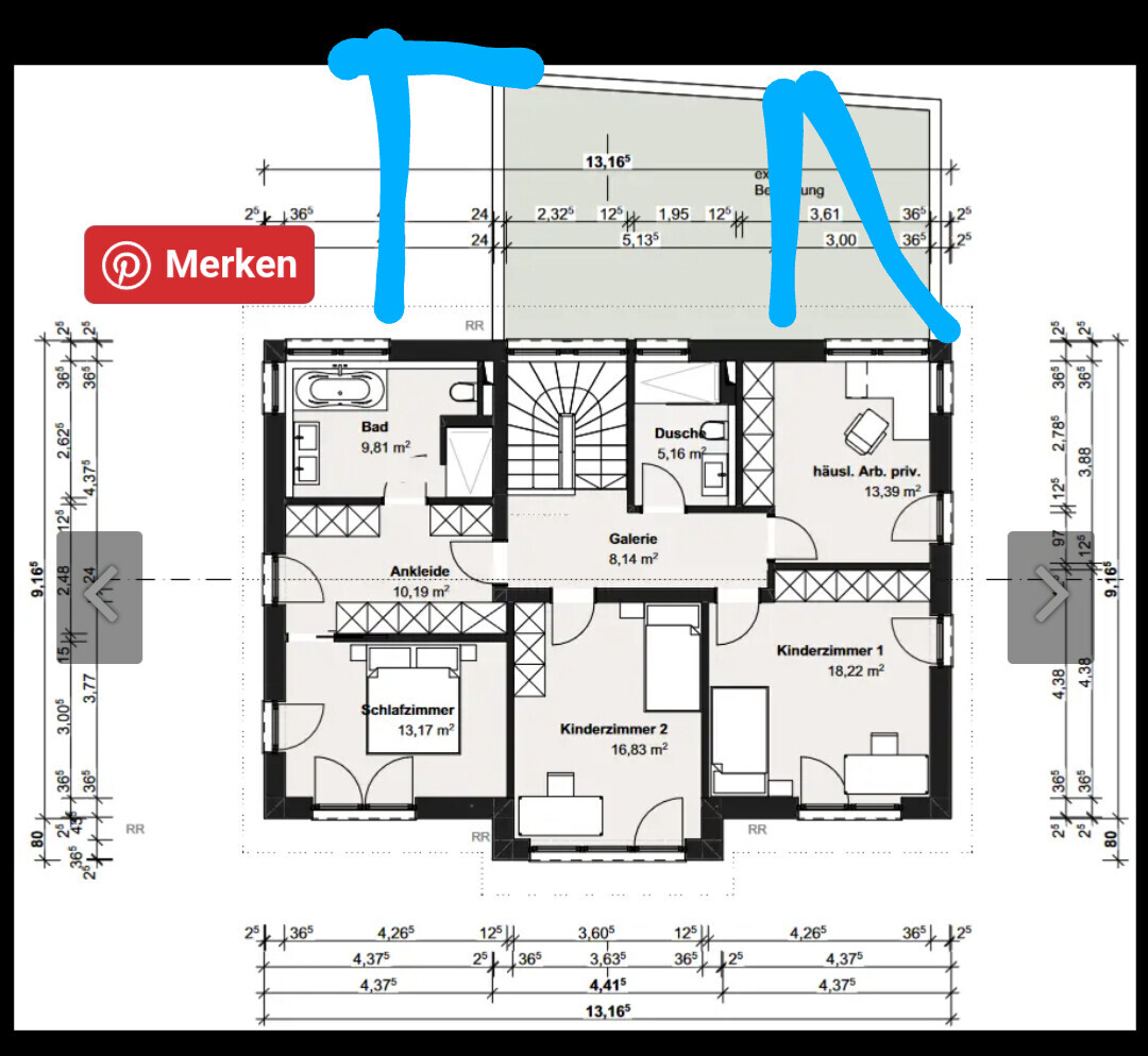 Floor plan of a house upper floor with bedrooms, children’s room, bathroom, shower and gallery.