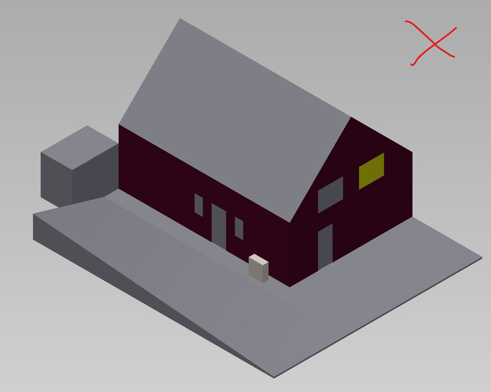Isometric house on gray surface, dark walls, gray roof, doors and windows, red X on the right