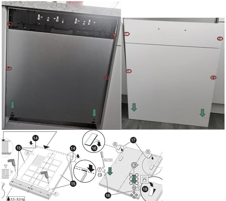 Two views of an appliance cabinet: interior view left, exterior front right; installation drawing below.