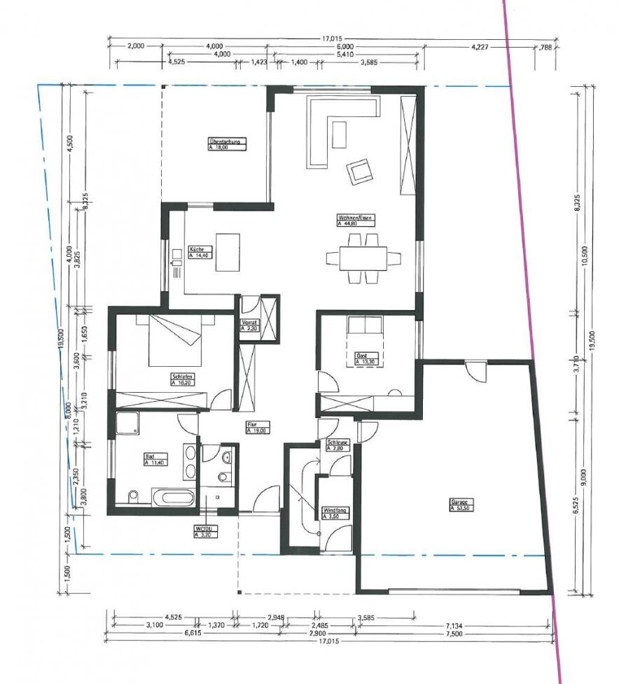 2D floor plan of a single-family house with living room, kitchen, bedroom, and garage