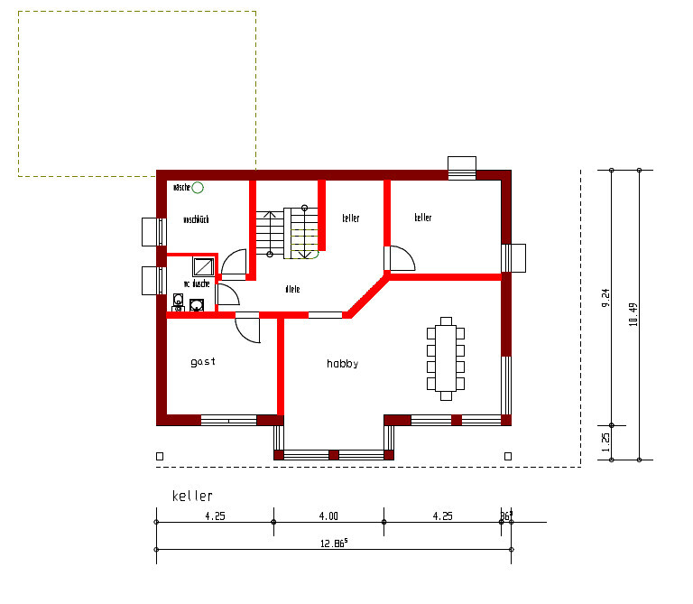 2D-Hausgrundriss mit Kellerräumen, Wohnzimmer, Küche, Esszimmer und Treppe
