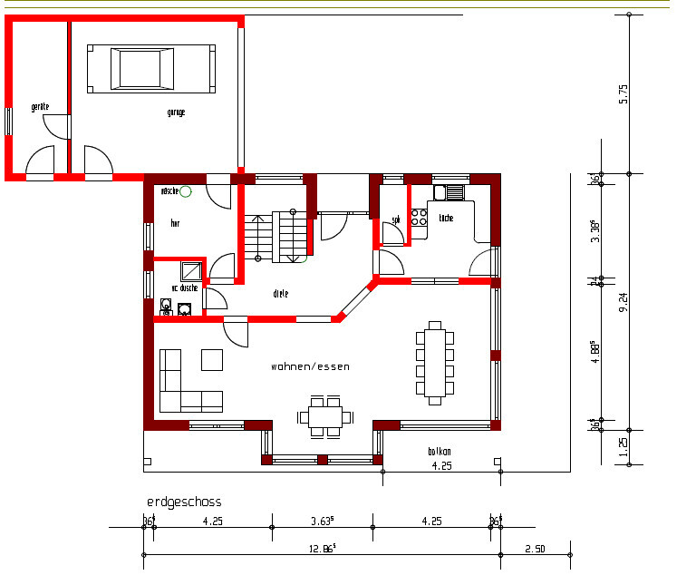 2D Erdgeschoss Grundriss eines Hauses mit Wohnzimmer, Essbereich, Küche, Balkon und Garage