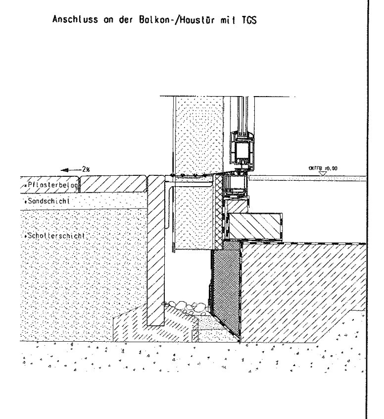 Cross-section through balcony/entrance door connection with door frame and floor layers.