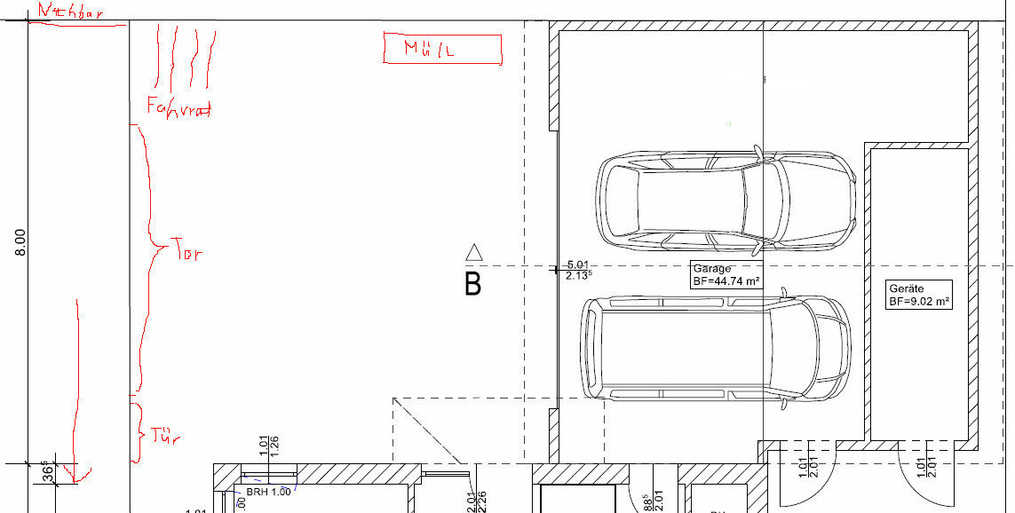 Grundriss eines Gebäudeteils: Garage mit zwei Autos, angrenzende Räume und Türen.