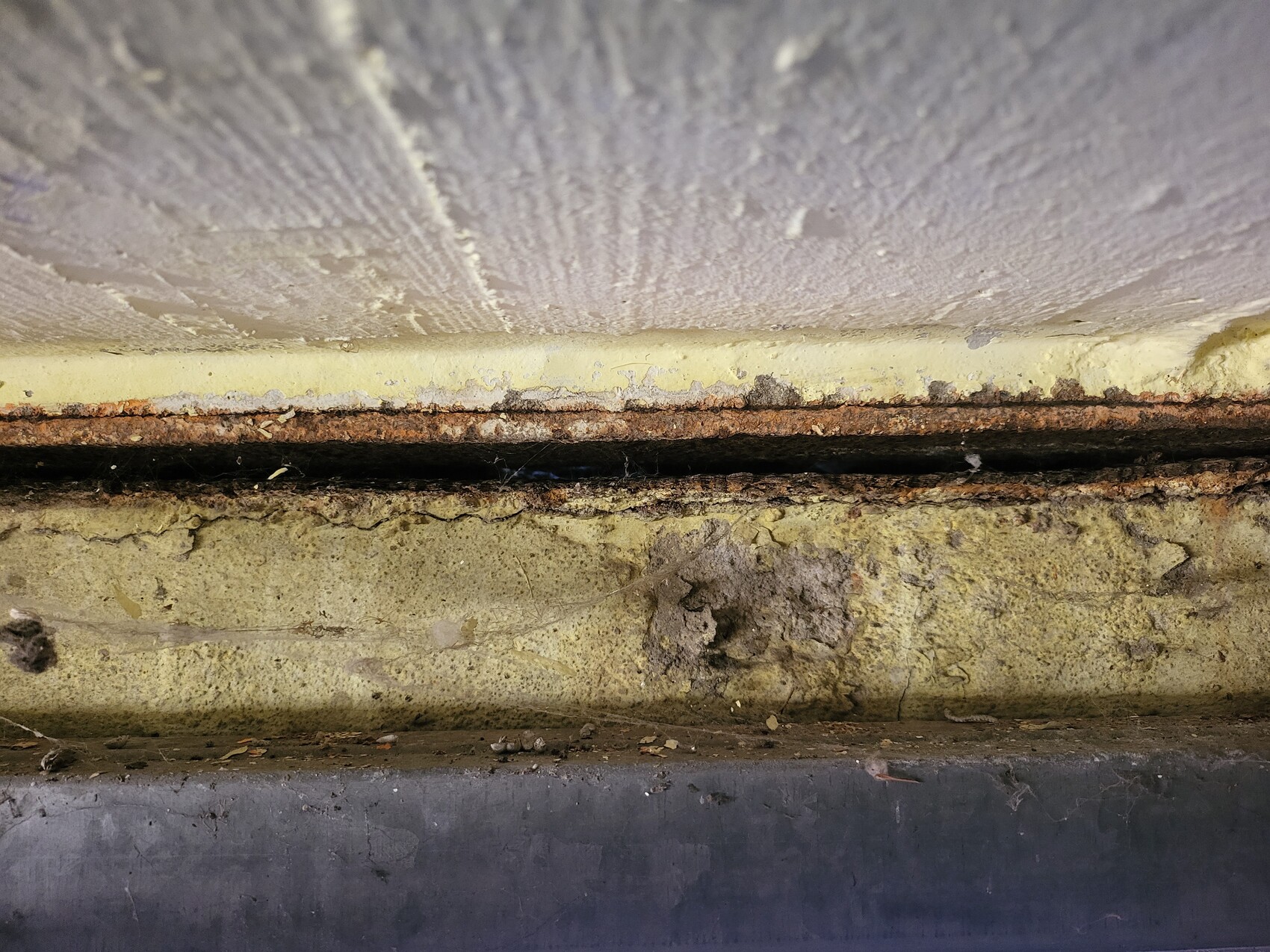 Close-up of a rusty metal strip between yellow wall edge and dirty concrete floor.