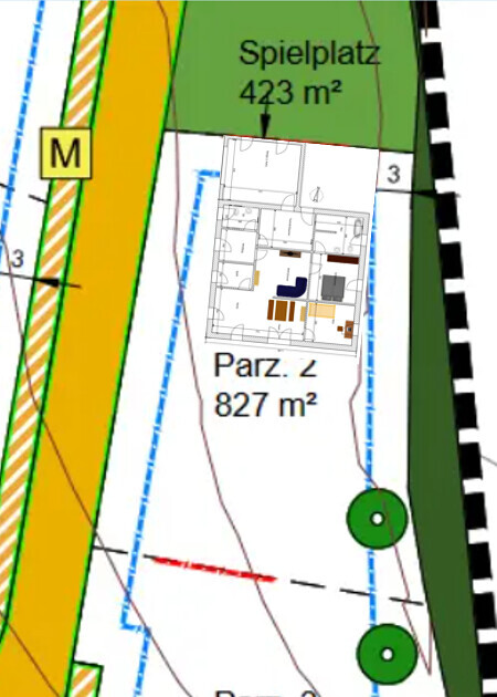Site plan of a building plot with playground plot 2 and garden area