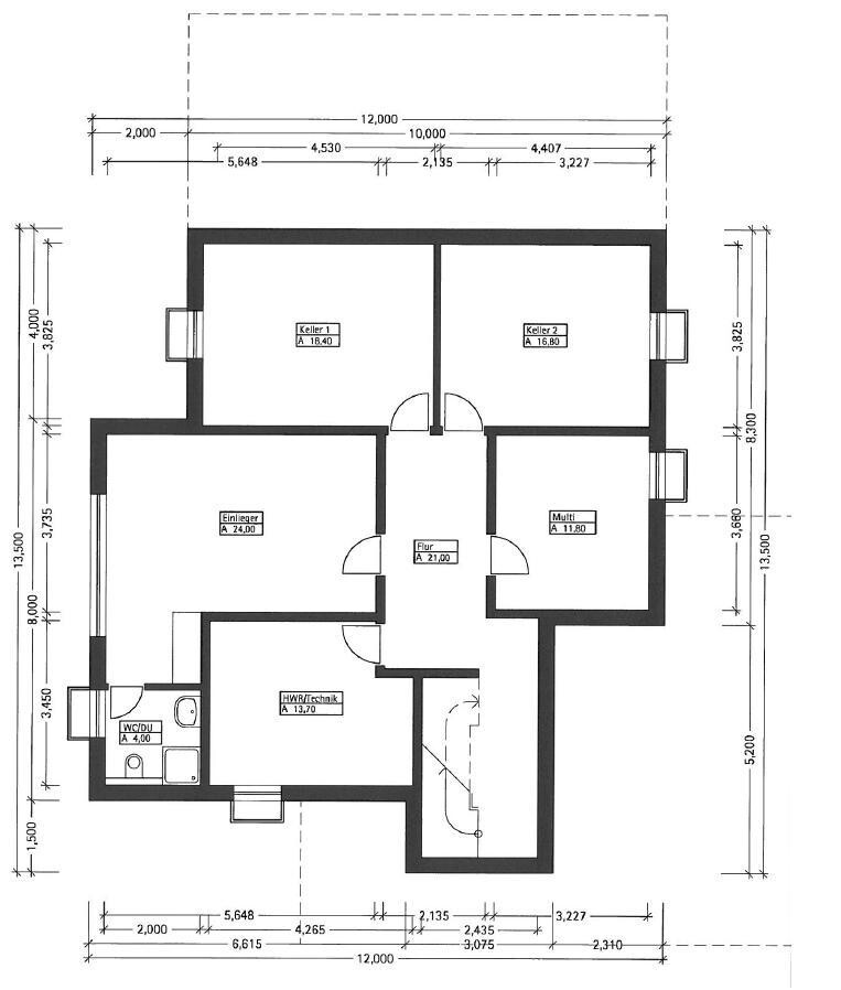 2D floor plan of a house with corridor, basement, utility/technical room, and rooms