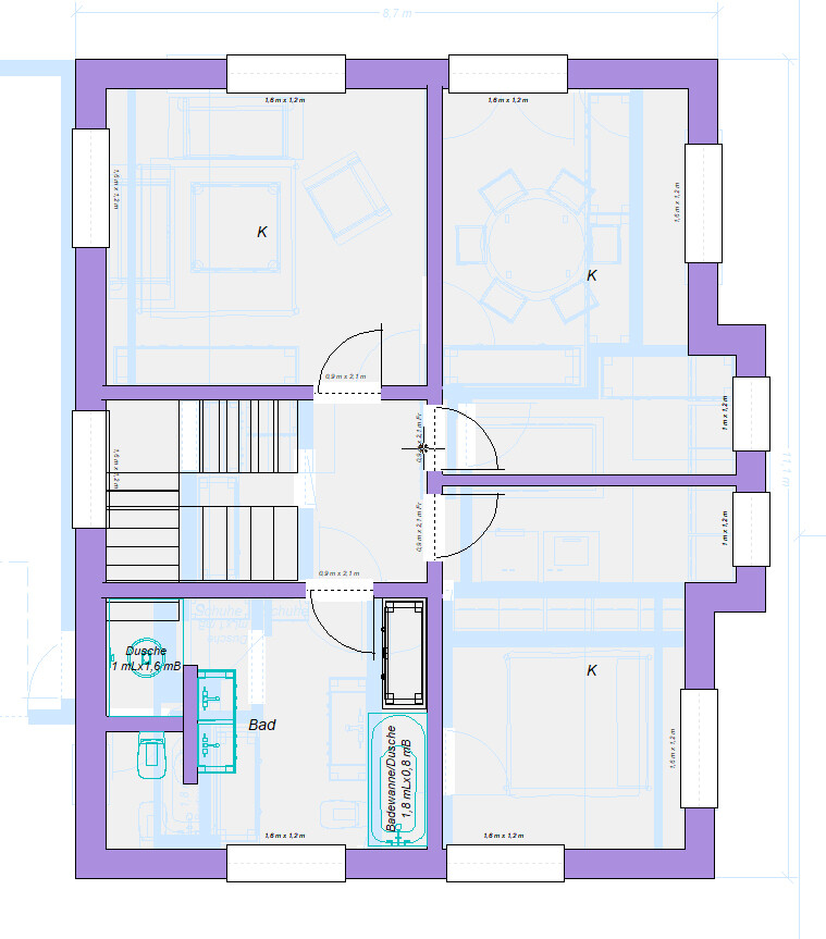 Floor plan of an apartment with two rooms, bathroom, shower, kitchen, doors, and furniture, purple walls.