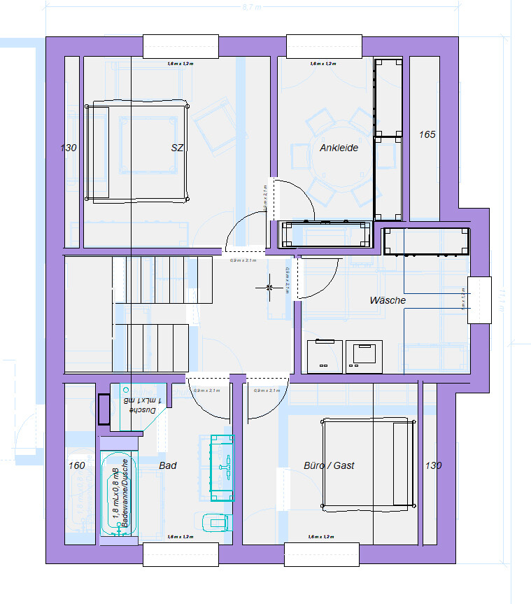 Floor plan of an apartment with bedroom, dressing room, laundry, bathroom, and office/guest room.