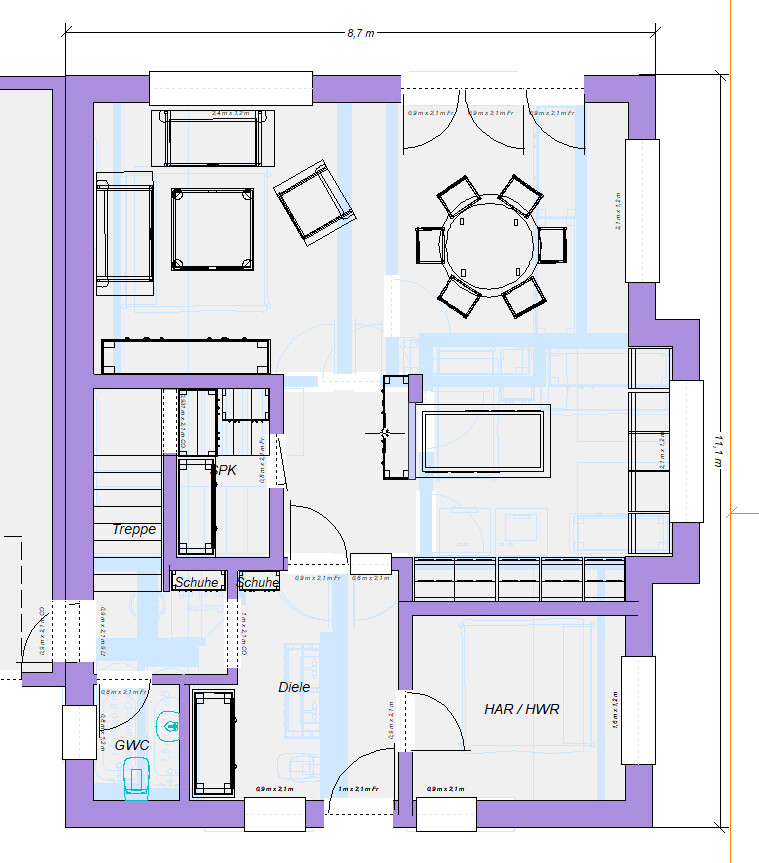 Floor plan of an apartment with furniture, stairs, hallway, and round dining table set.