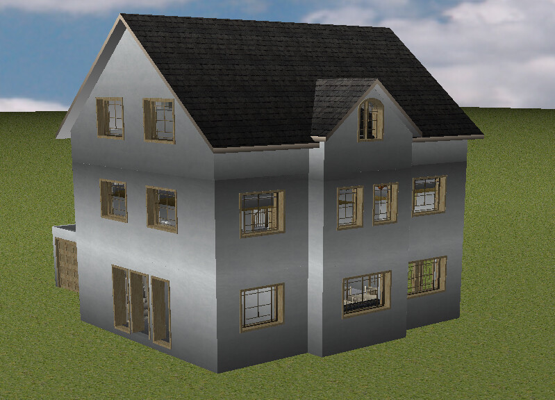 3D house model: two-story, gray house with a dark gable roof and many windows.