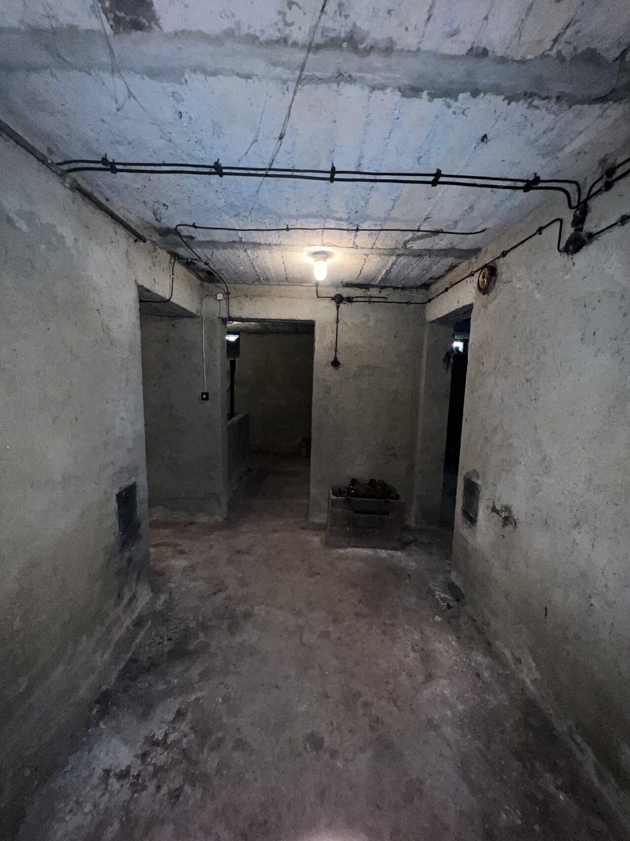 Dark concrete cellar with ceiling pipes, visible light bulb and a box on the floor.