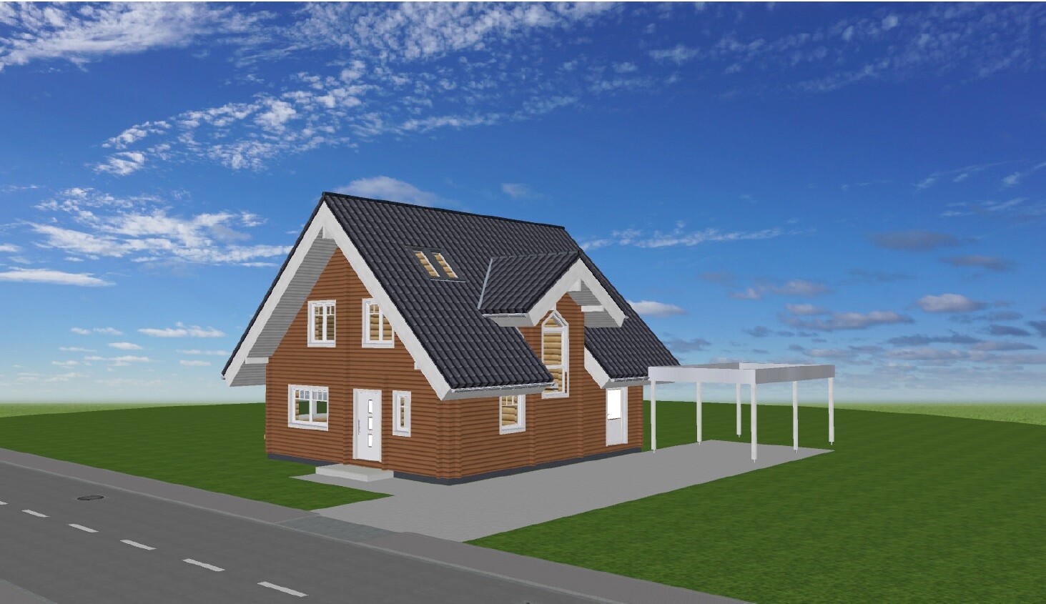 3D view of a timber house model with carport on green terrain