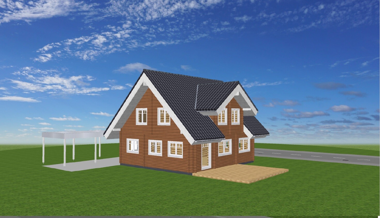 3D model of a timber house on green property with carport and blue sky