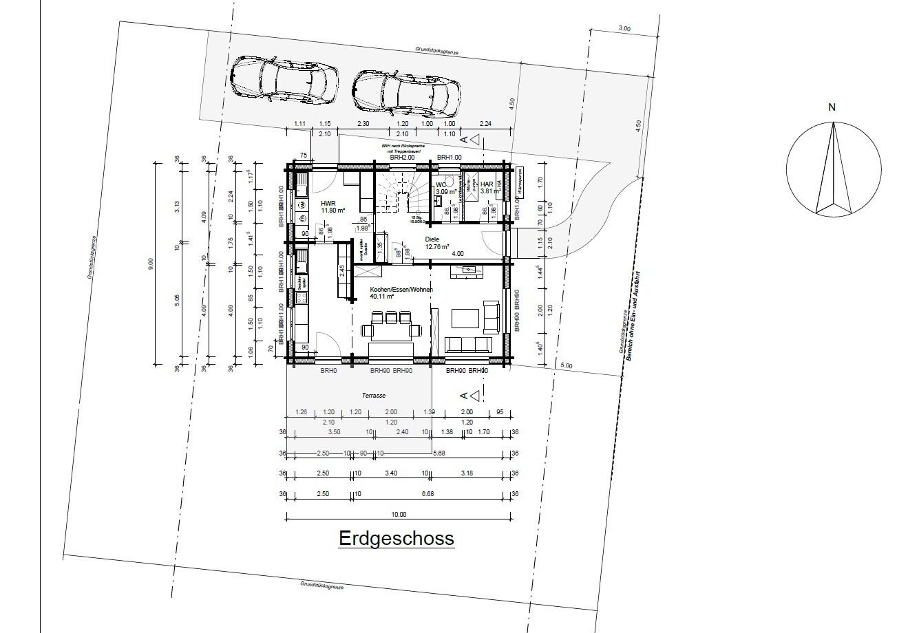 Ground floor plan of a house with kitchen, living area, terrace, and parking space