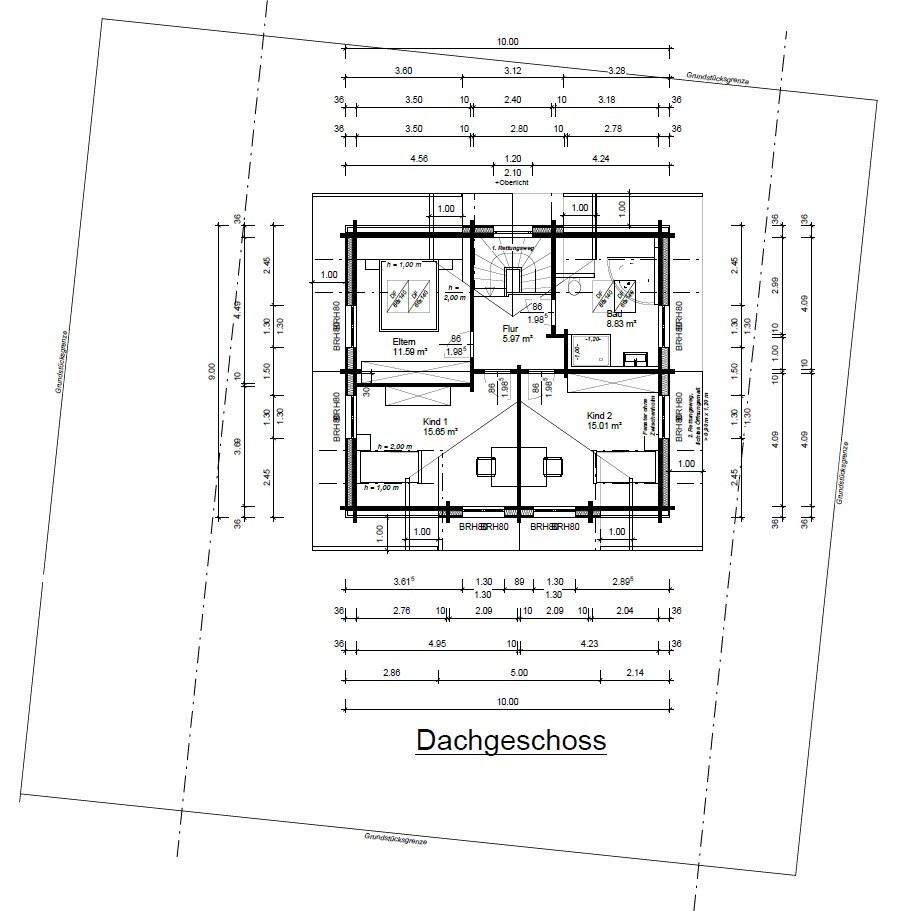 Upper floor plan with three rooms (parents, child 1, child 2), hallway, bathroom, and stairs.