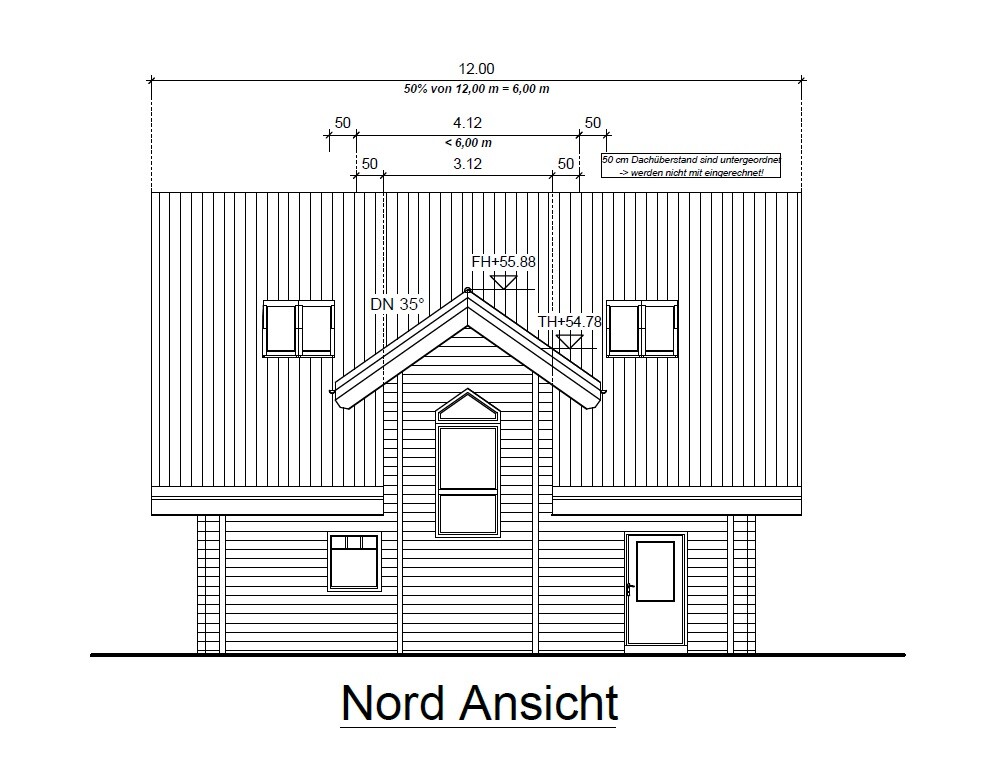 North elevation of a two-story timber house with pitched roof, windows, and front door.