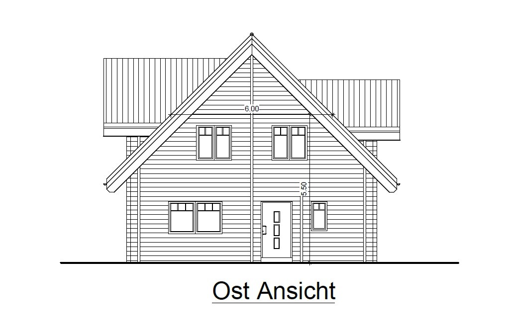 East elevation of a two-story timber house with pitched roof, windows, and door.