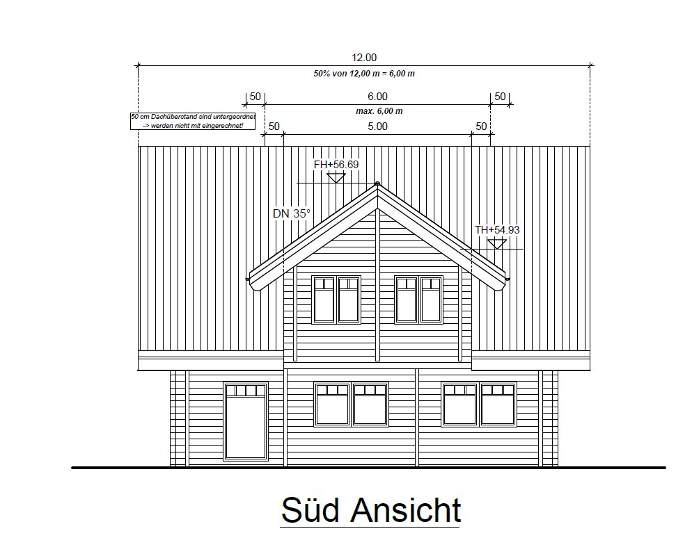South elevation of a timber house with sloping roof ridge, windows, and wooden facade
