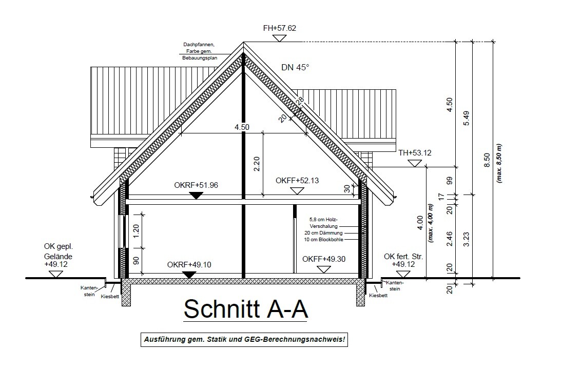 Cross section A-A of the house: roof frame, interior structure, walls, floor, dimensions.