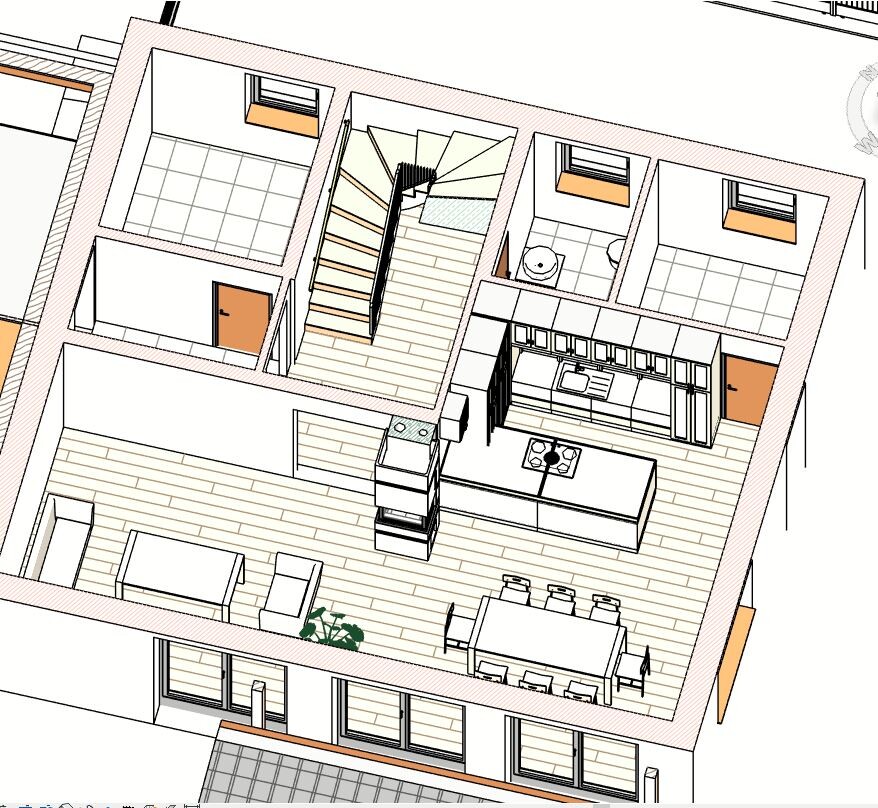 Floor plan of an open living, dining, and kitchen area with stairs.