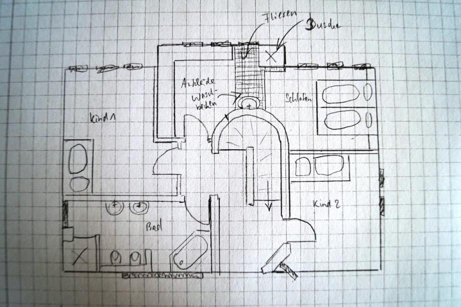 Hand-drawn floor plan: two children's rooms, bedroom, bathroom, kitchen, hallway, stairs.