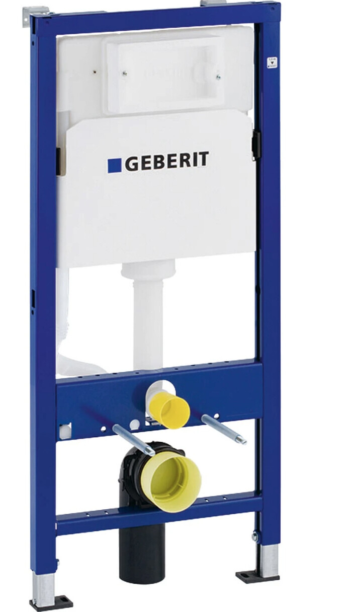Geberit wall-hung toilet flushing frame in blue metal frame with concealed cistern.