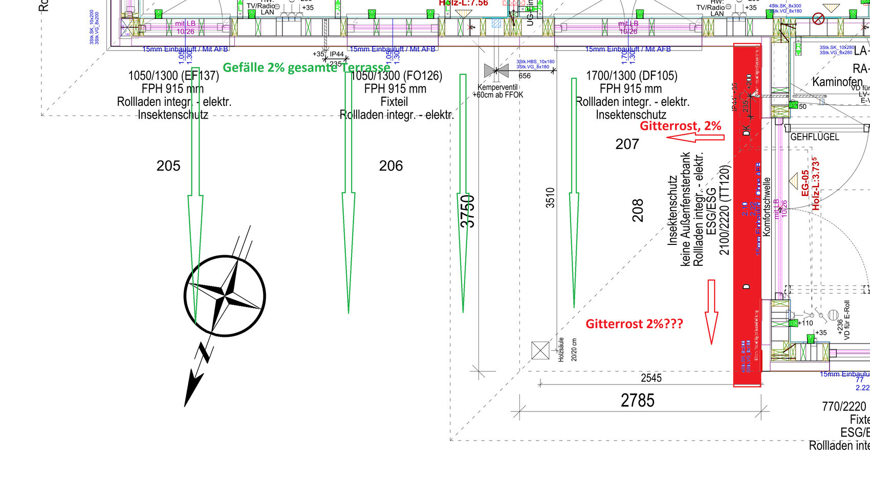 Technical floor plan with green supports, red grating, and compass bottom left.