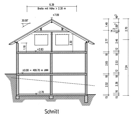 Cross-section of a two-story house with a pitched roof, interior rooms, and dimension lines.