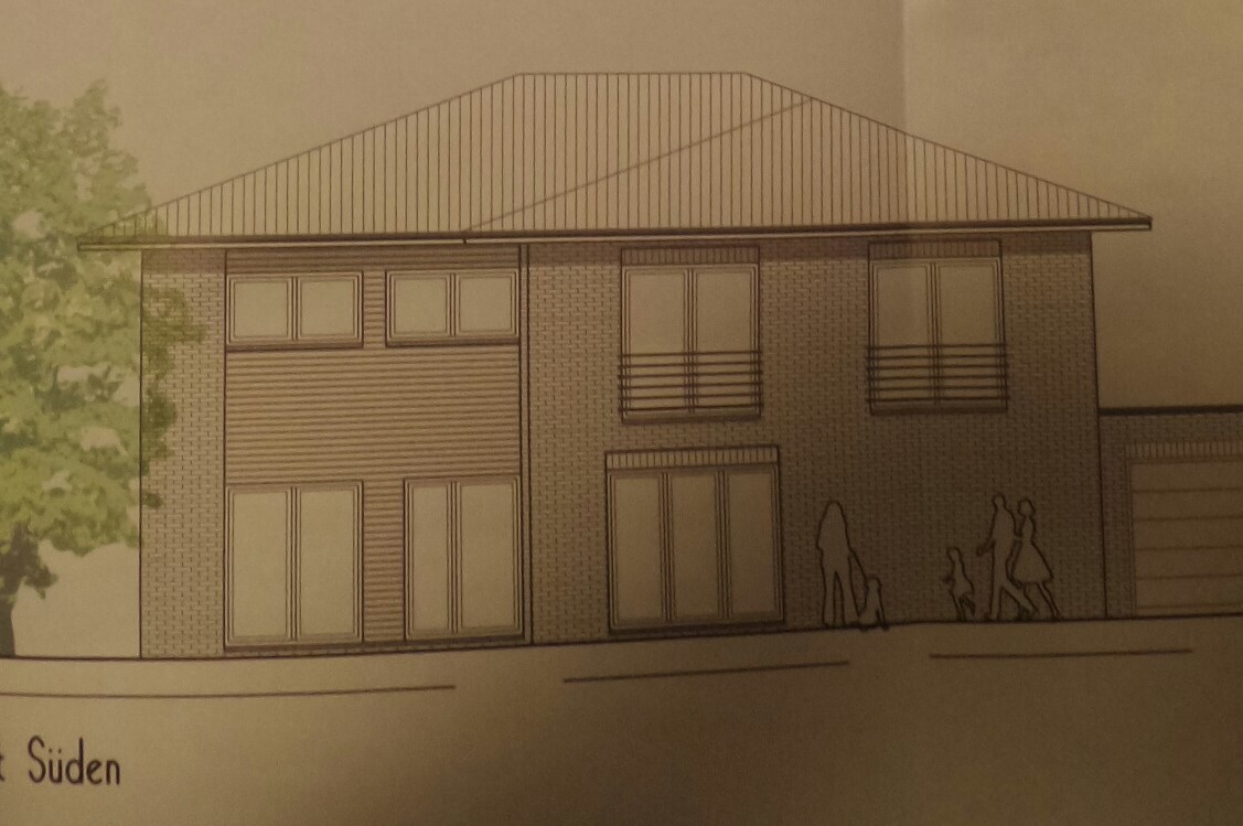 Two-story brick house with pitched roof, large glass windows, garage, tree, family silhouettes