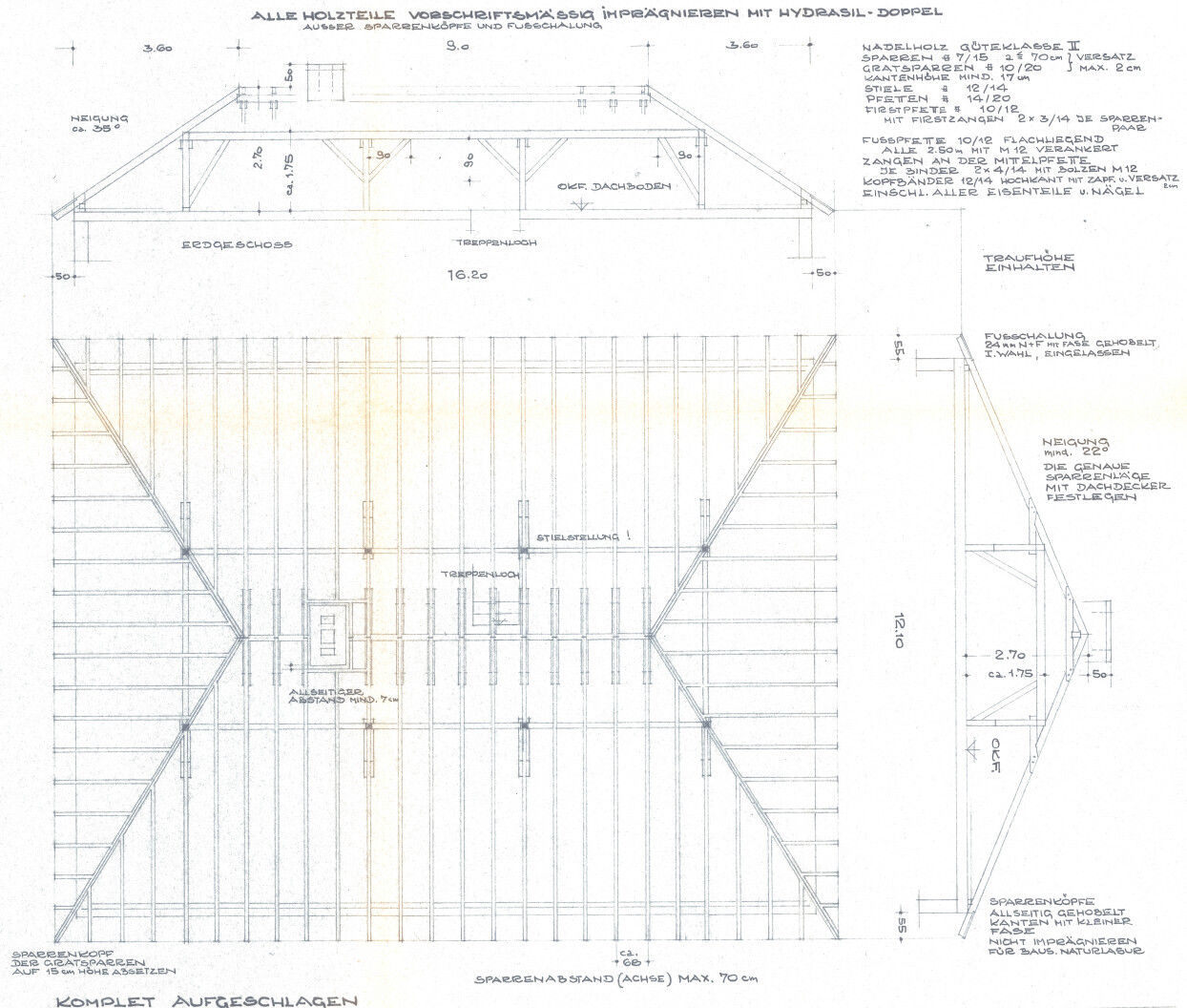 Technical drawing of a roof truss: cross-section with rafters, purlins, and dimensions.