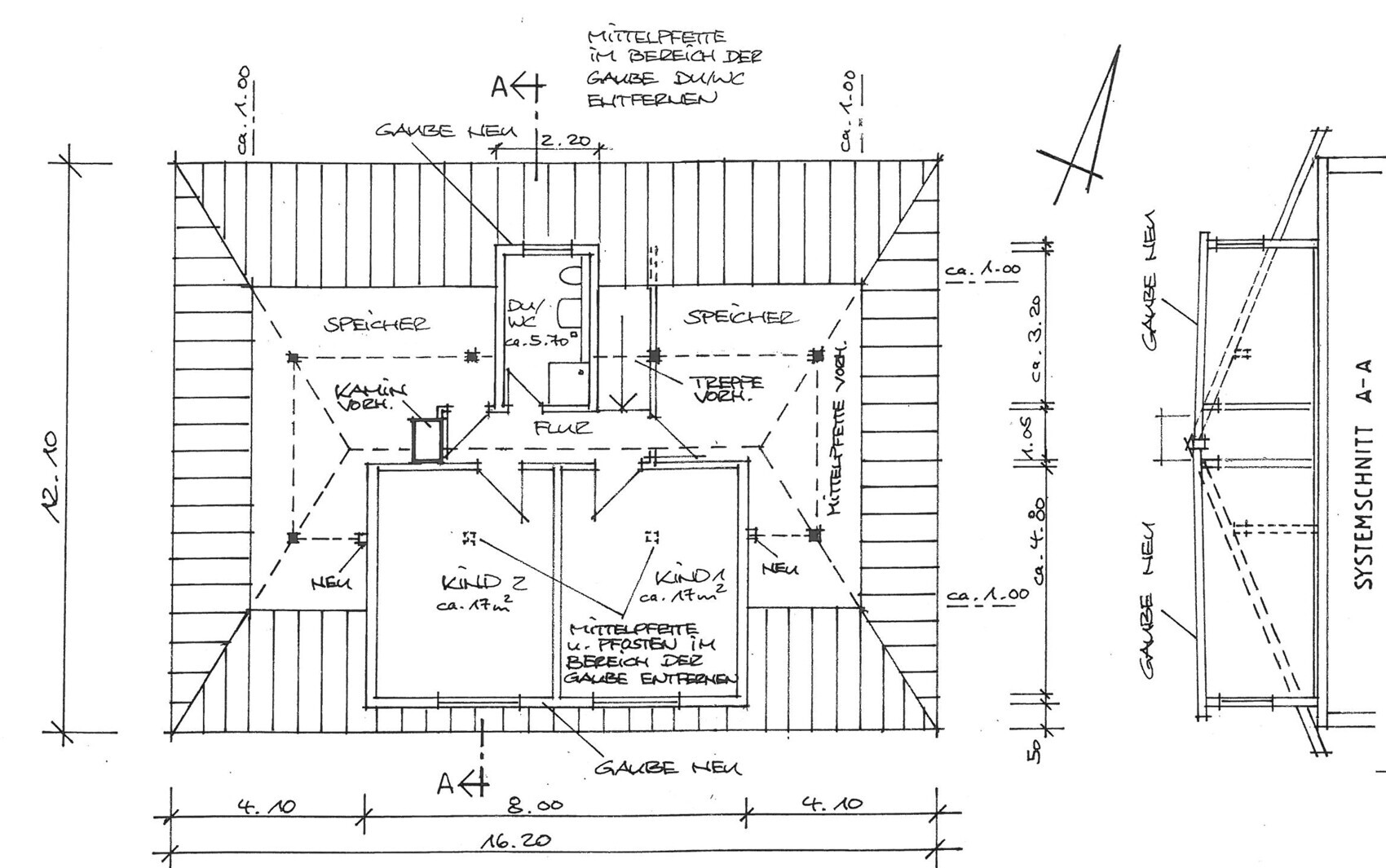 Attic floor plan: storage, two children’s rooms, hallway, staircase, dormer windows, dimensions.