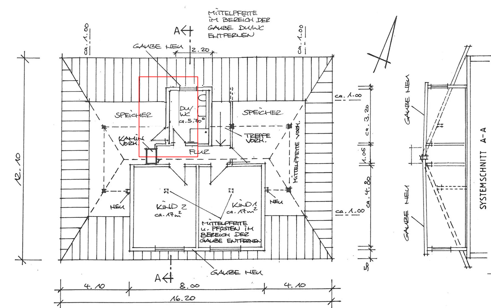 Hand-drawn floor plan of an attic with storage rooms, children's rooms, and stairs