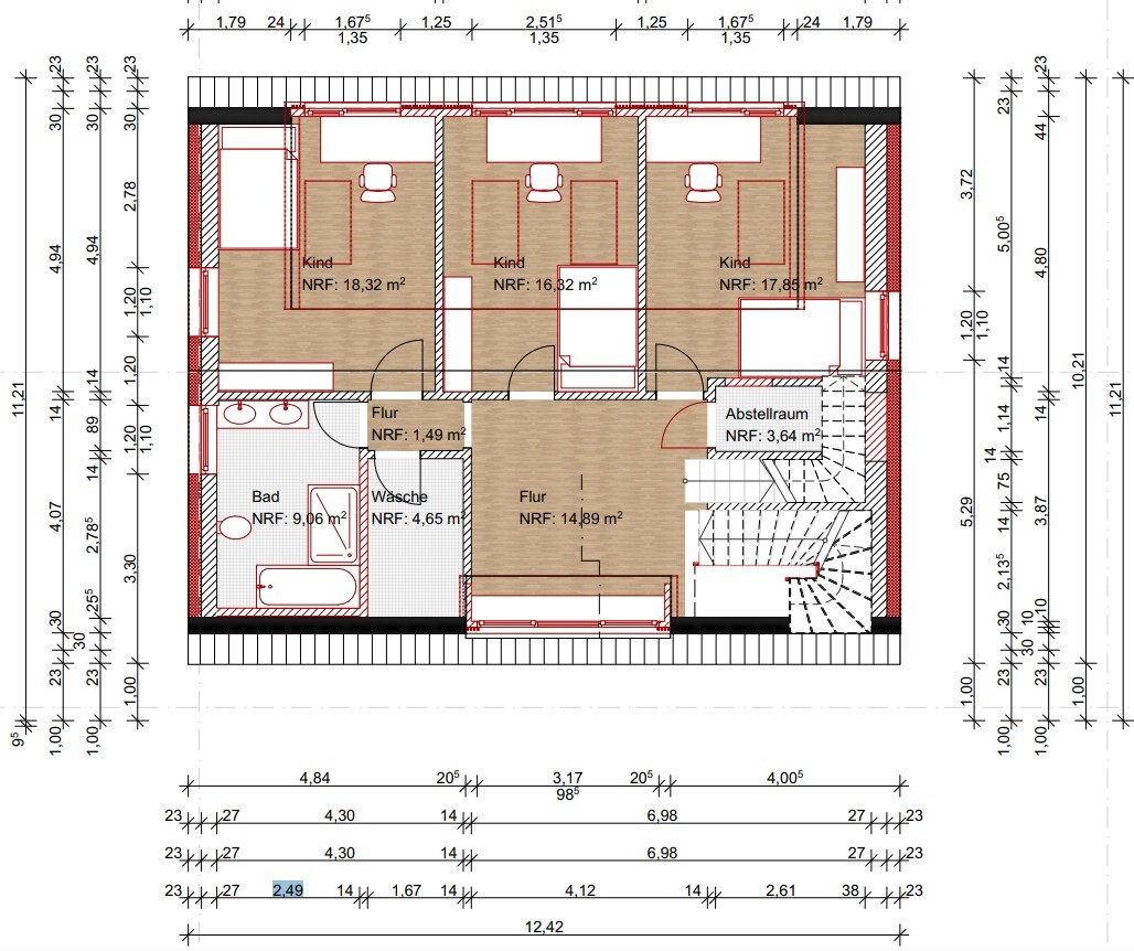 Floor plan of a level with three children's rooms, hallway, bathroom, laundry room, storage room, and stairs