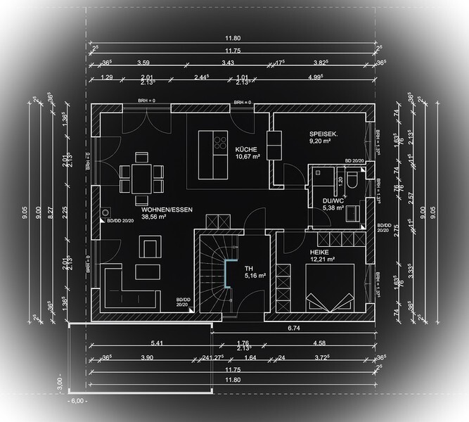 Floor plan of a house with kitchen, living/dining area, pantry, shower/WC, and stairwell.