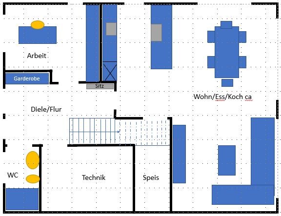 Grundriss eines Hauses mit Arbeitsbereich Diele WC Garderobe Sitz Wohnen/Essen/Küche Technik Speis