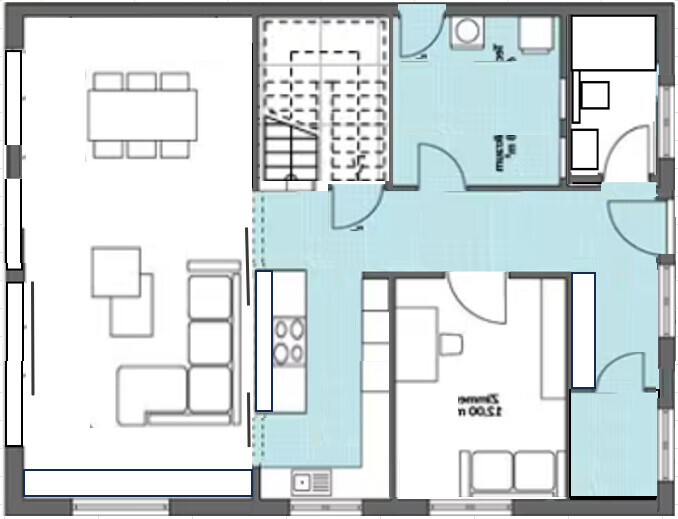 Floor plan of a house: living room with sofa, dining area, kitchen, hallway, bathroom, and bedroom.