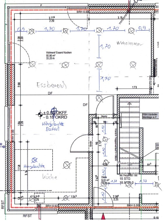 Open floor plan: living/dining/kitchen area with entrances, corridors, stairs, dimensions.