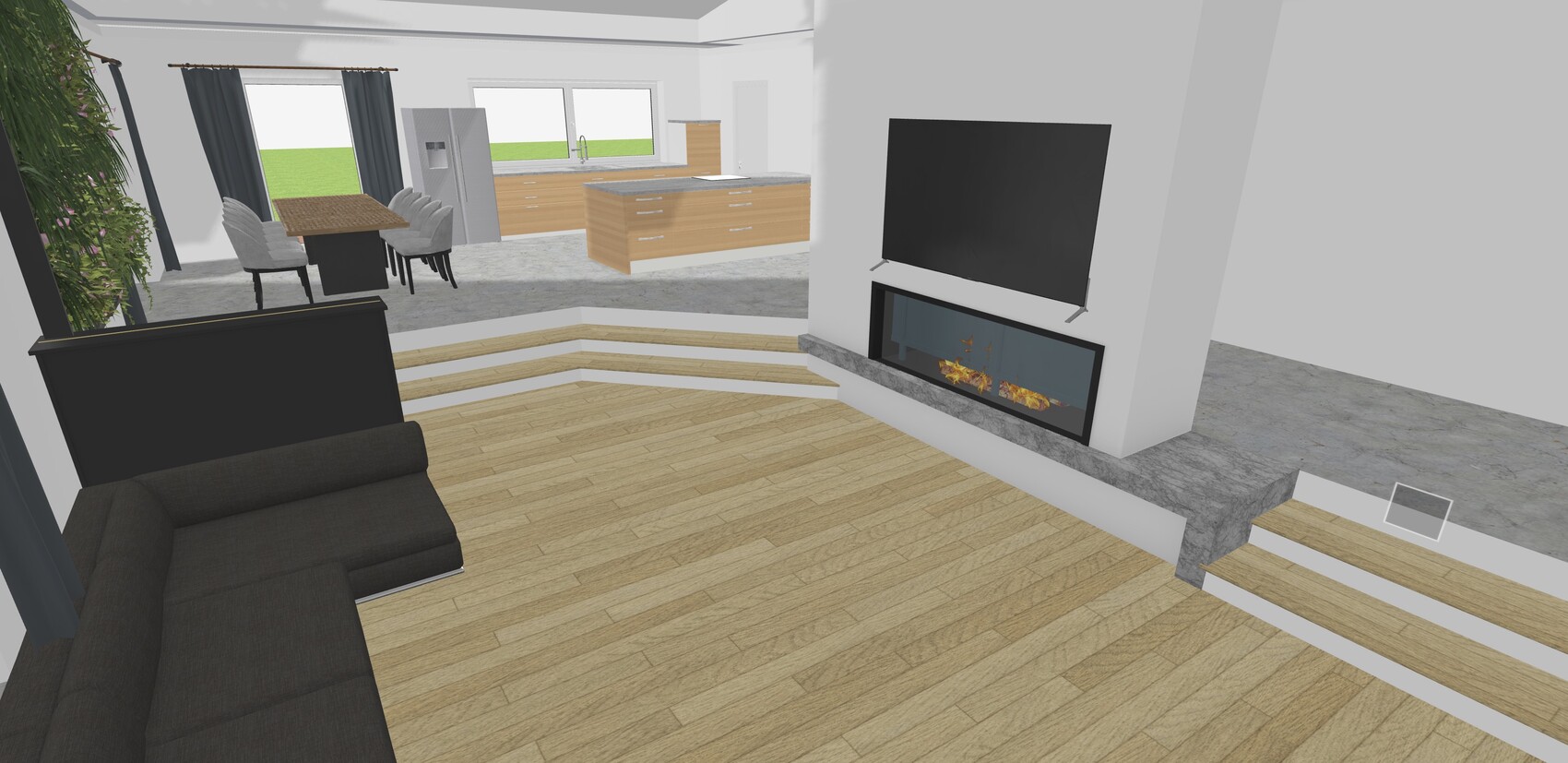 Offenes Wohnzimmer mit Kamin, TV an der Wand, Kücheninsel und Treppen.