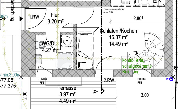 Grundriss eines Apartments mit Flur, WC/Dusche, Schlaf-/Kochbereich, Terrasse und Spiraltreppe.