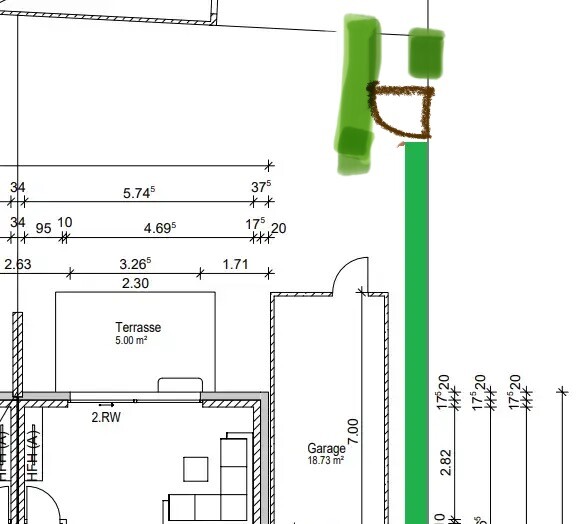Floor plan: Terrace (5 m²) and garage (18.73 m²) with dimension lines.