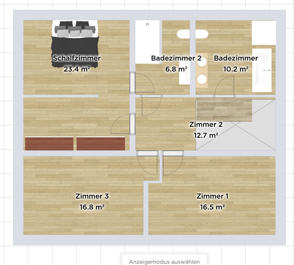 Apartment floor plan: bedroom, rooms 1-3, and two bathrooms, including size specifications.