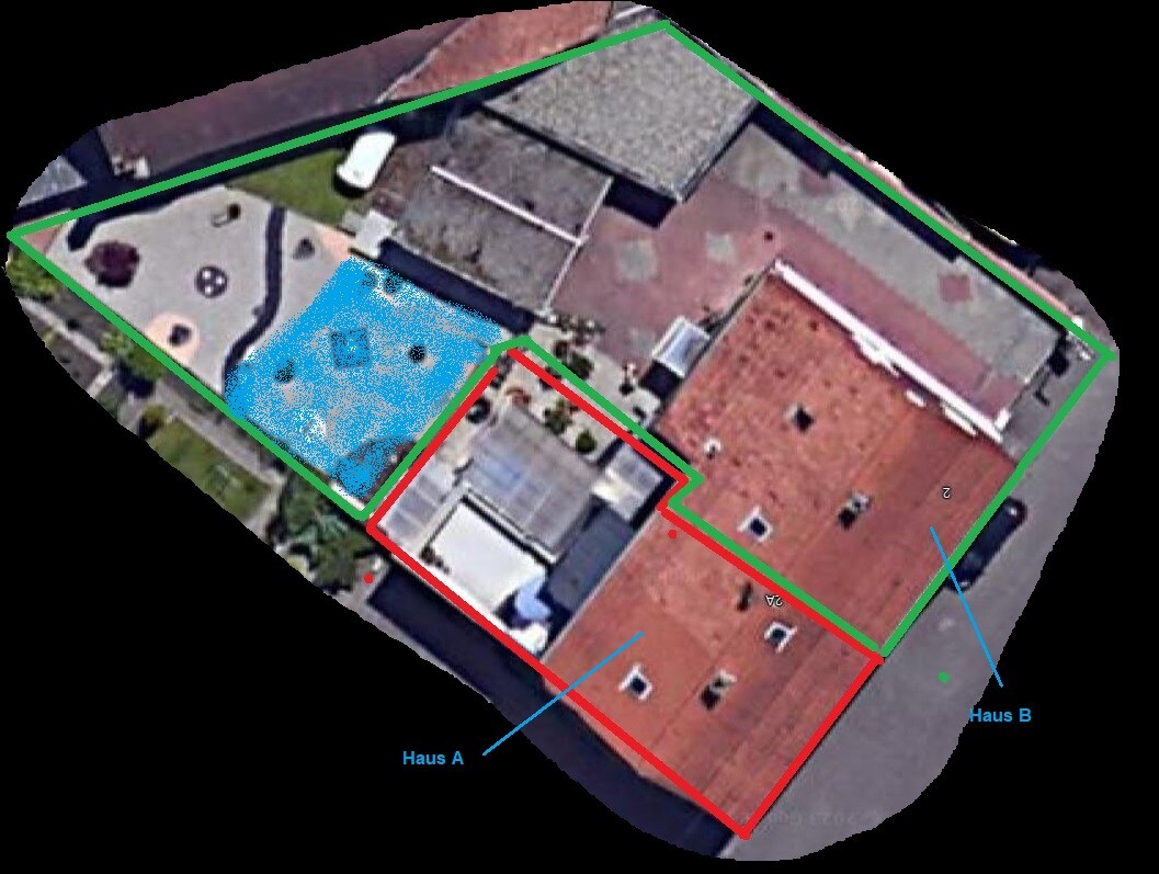 Aerial view of a building complex with house A outlined in red and house B within the green boundary.