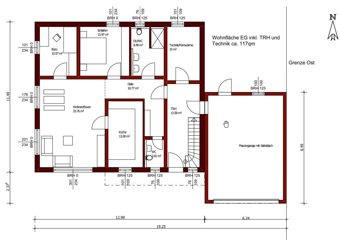 Ground floor plan of a house with living room, kitchen, office, bedroom, hallway, stairs, and garage.