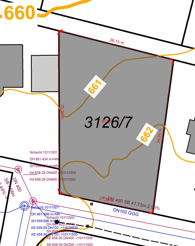 Gray parcel 3126/7, adjacent to 661 and 662; outline dimensions approximately 26.13 m and 35.70 m.