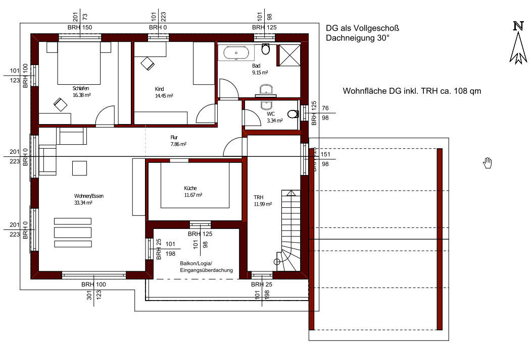Upper floor plan of a house: bedroom, child’s room, kitchen, living area, bathroom, toilet, hallway, balcony, stairs.