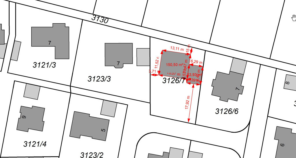 Site plan: plot 3126/7 with red outline and dimensions, surrounding parcels 3121/3, 3123/3.